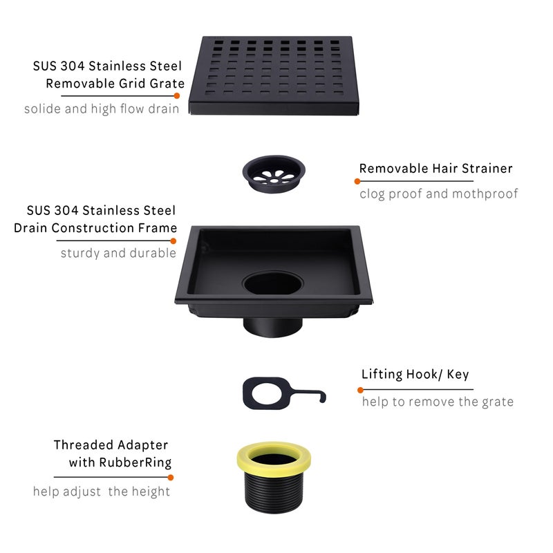 orhemus 6 inch Stainless Steel Shower Floor Drain with Threaded Adapter, Removable Grid Cover, Black - Image 3